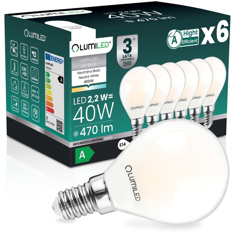 Żarówka LED Lumiled E14 Kulka P45 2.2W 470lm 4000K 360st. Filament Klasa A 6 szt.