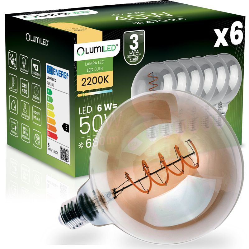 Żarówka LED Lumiled E27 Kula G125 6W 660lm 2200K 360st Dymiona Filament 6 szt.
