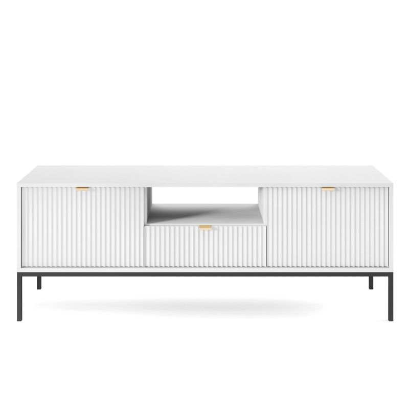 Szafka RTV Almagro INTESI ryflowana biała glamour na wysokich nogach 154 cm do salonu 1 szt.