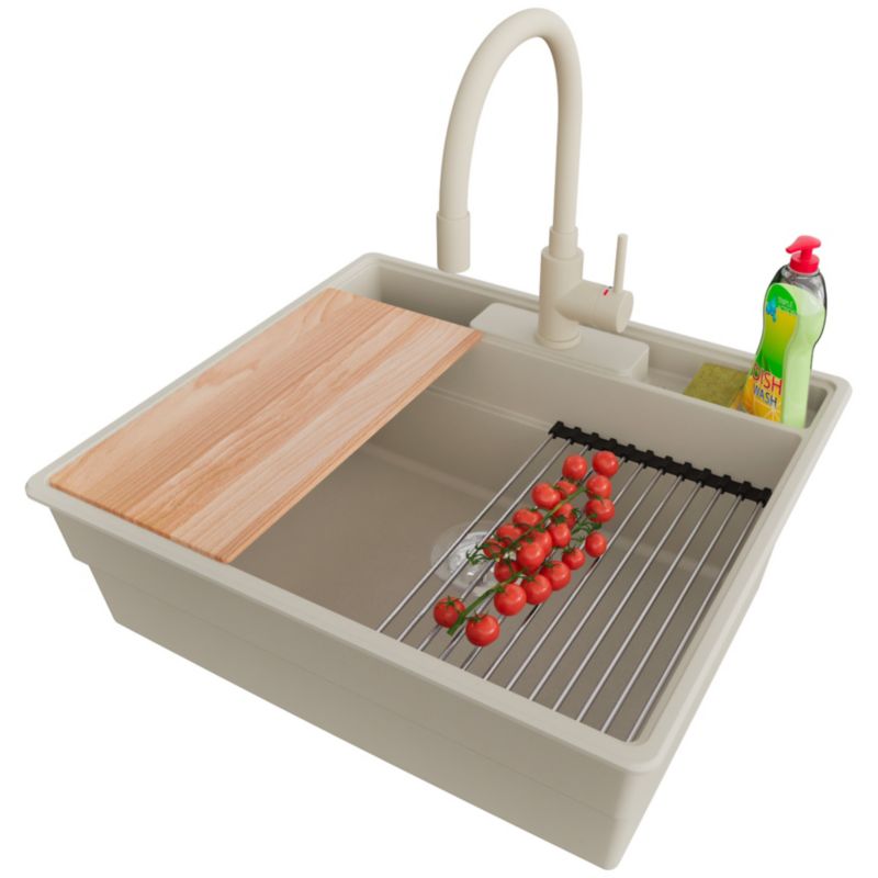 Zlewozmywak Granitowy Nowy Jork PRIMAGRAN Nablatowy 58x53cm do szafki od 60cm, Beżowy + Bateria + Syfon + Akcesoria, S052, 1 szt.