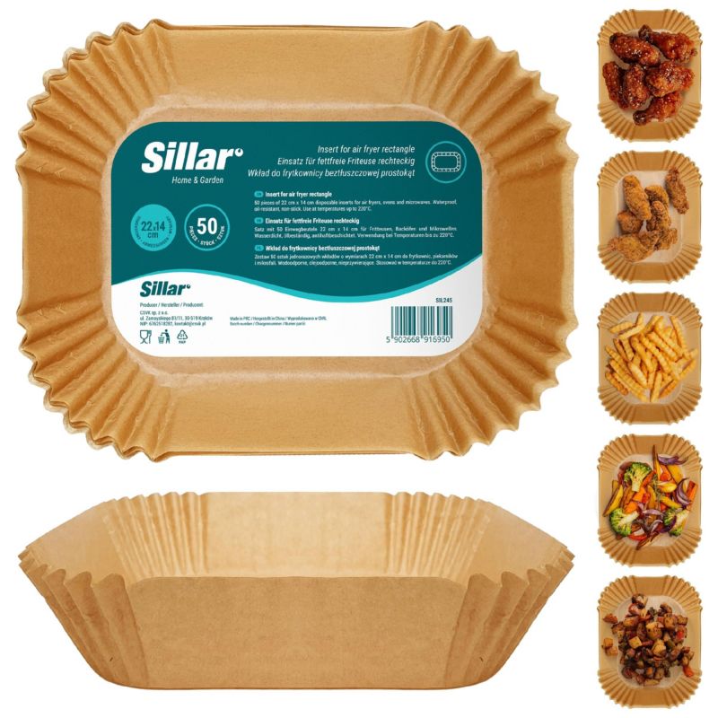 Wkłady do Air Fryer, frytkownicy, Sillar, papierowe, nieprzywierające, 22x14cm, 50szt