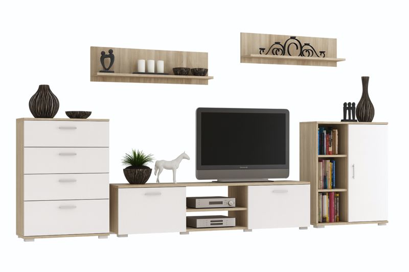Zestaw mebli do salonu Kobi SOFEN II szafka RTV, komoda, szafka, półki - Dąb Sonoma / Biały 1 szt.
