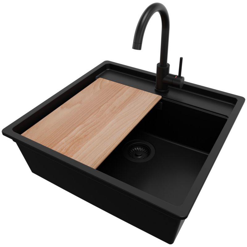 Zlewozmywak podblatowy Bergen PRIMAGRAN 56x53cm do szafki od 60cm, Cały Czarny + Bateria 32x20cm + Syfon + Deska, S084, 1 szt.