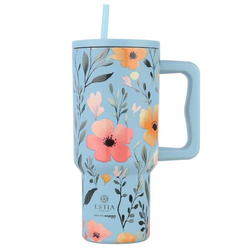 Kubek Termiczny Ze Słomką Sky Garden Estia Stal Nierdzewna Niebieski 900 Ml 1 Szt.