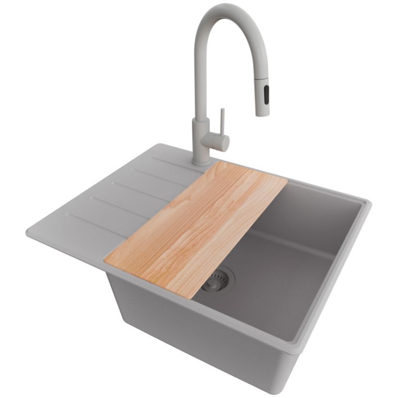 Zlewozmywak Granitowy Kopenhaga PRIMAGRAN Nablatowy 62x50cm do szafki od 50cm, Szary + Bateria + Syfon + Deska, S456, 1 szt.