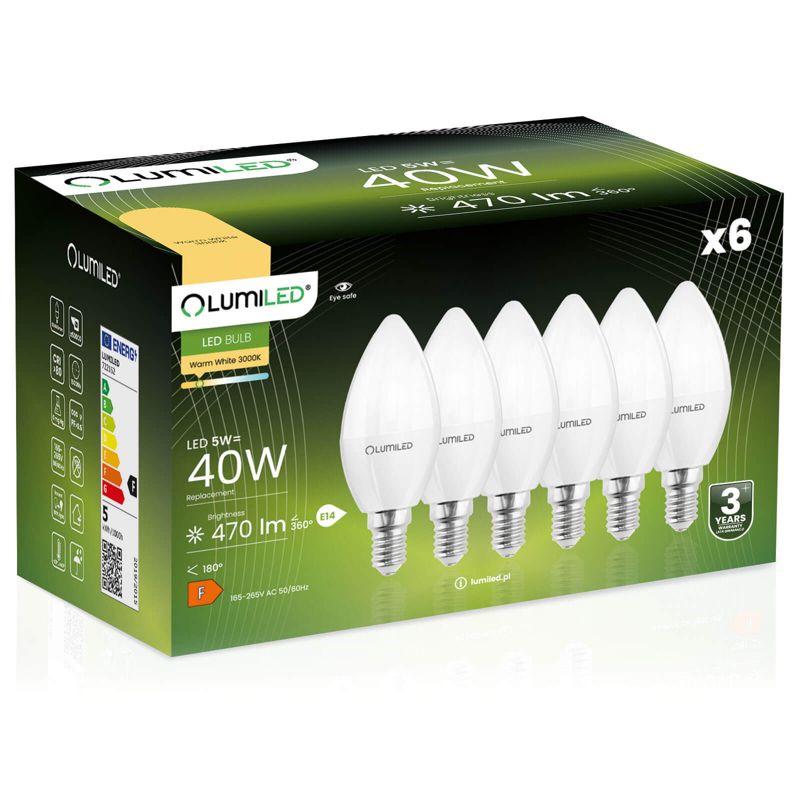 Żarówka LED LUMILED E14 B35 5W 470lm 3000K 180st 6 szt.