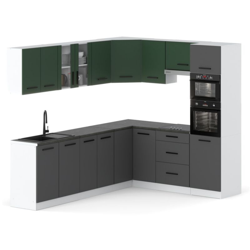 Zestaw Kuchenny Hurtownia-Mebli Z Blatem Kuchnia Marra Narozna 460cm Biały Mat Butelkowa Zieleń/Szary Mat 460x47x145 cm 1szt.