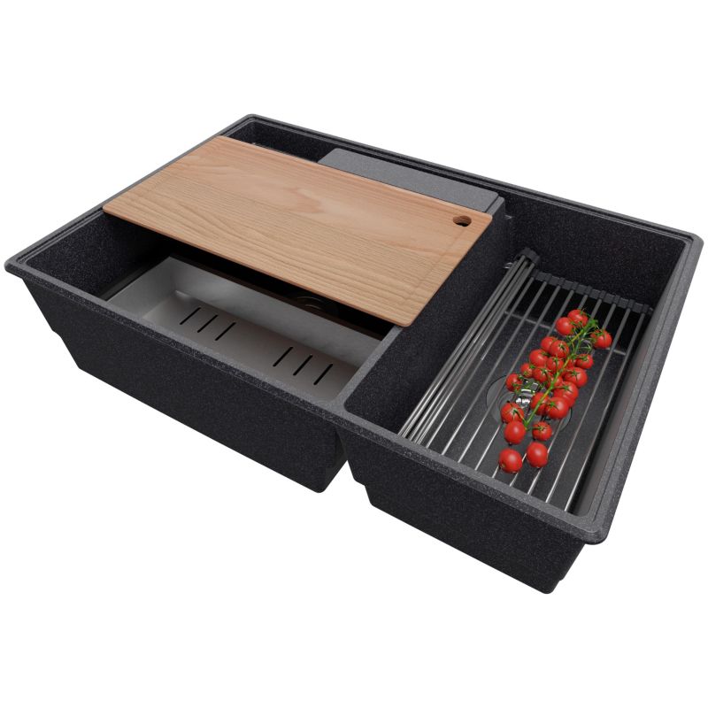 Zlewozmywak Paryż PRIMAGRAN Nablatowy 78x53cm do szafki od 80cm, Grafitowy + Syfon + Akcesoria, S036, 1 szt.