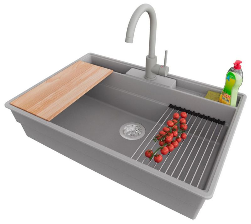 Zlewozmywak Granitowy Nowy Jork PRIMAGRAN Nablatowy 78x53cm do szafki od 80cm, Szary + Bateria + Syfon + Akcesoria, , 1 szt.