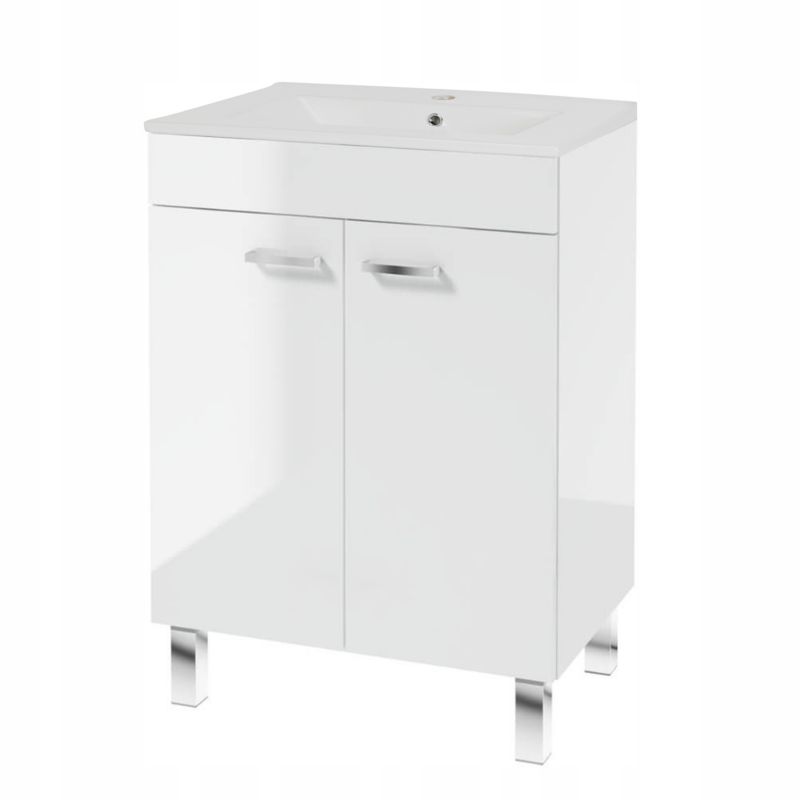 Szafka do Łazienki Stamar z Umywalką Biała Stojąca 600 x 450 mm Połysk 2 Drzwi Półka 1 szt