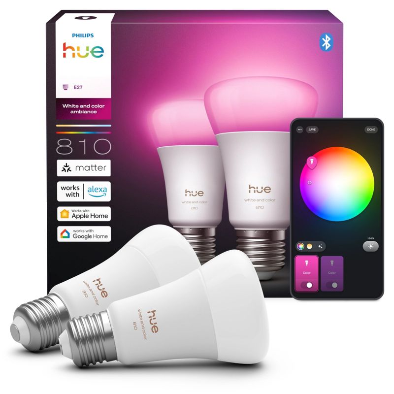 Żarówka LED Philips HUE E27 A60 6W 810lm 1800-20000K CCT RGB Inteligentna Bluetooth White and Color Ambiance 2 szt.
