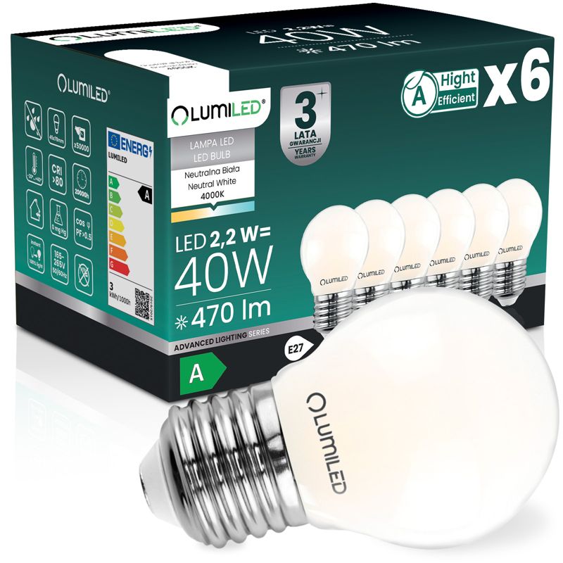 Żarówka LED Lumiled E27 Kulka P45 2.2W 470lm 4000K 360st Filament Klasa A 6 szt.