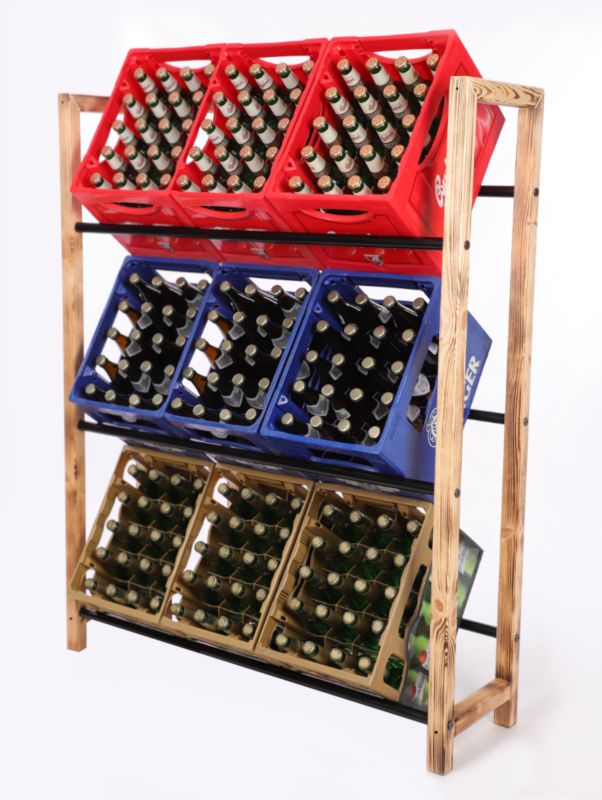 Regał na skrzynki MODO24 drewniany z metalowymi drążkami 3-poziomowy naturalny opalany 1 szt.