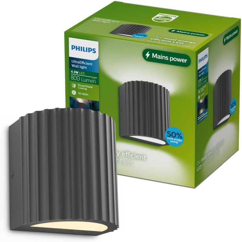 Kinkiet Ogrodowy Philips Lampa Zewnętrzna Elewacyjna LED 4.3W 800lm 2700K IP44 Ryflowany Antracyt 1 szt.