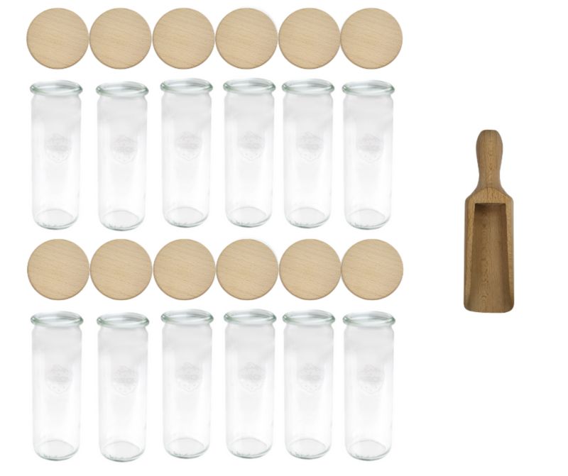 Słoiki MODO24 Weck 600 ml fi 60 cylinder drewniane wieka miarka 12 kpl.