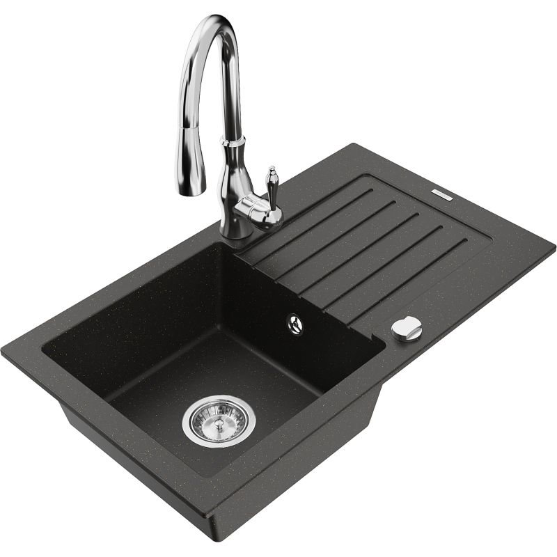 Zlewozmywak granitowy 1-komorowy Mexen Pablo z ociekaczem i baterią Savita czarny/złoty metalik - 6510-75-672601-70 1 szt.