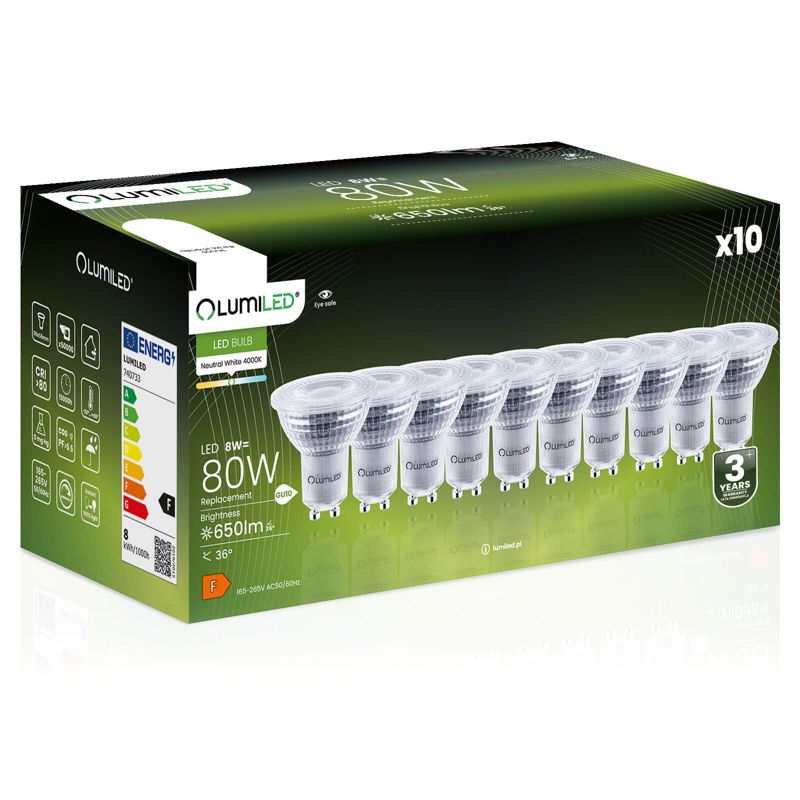 Żarówka LED LUMILED GU10 8W 650lm 4000K 36st Ściemnialna 10 szt.