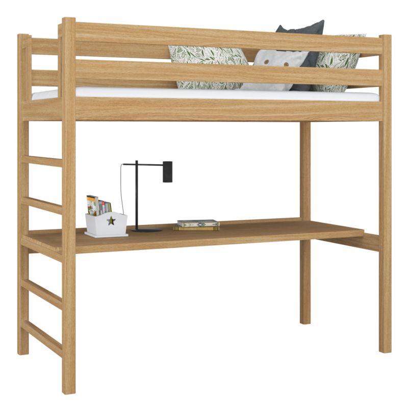 Dębowe łóżko N-WOOD na antresoli z biurkiem N01 dąb naturalny 120x180 1szt.