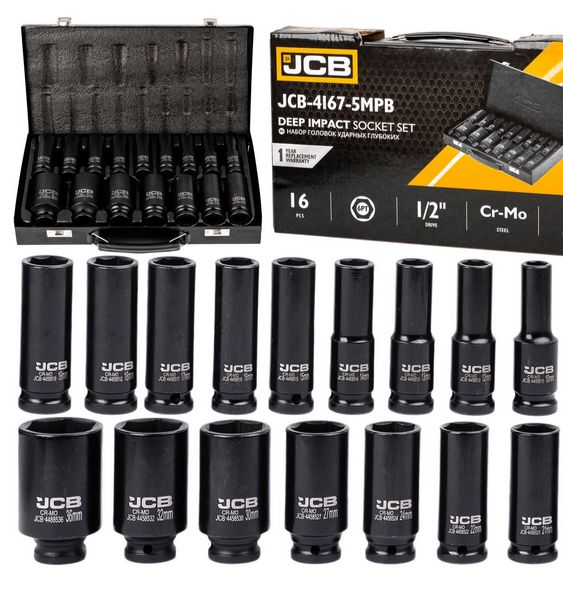 Zestaw nasadki udarowe głębokie do klucz pneumatyczne JCB 1/2" 10-36mm 16el 1szt.