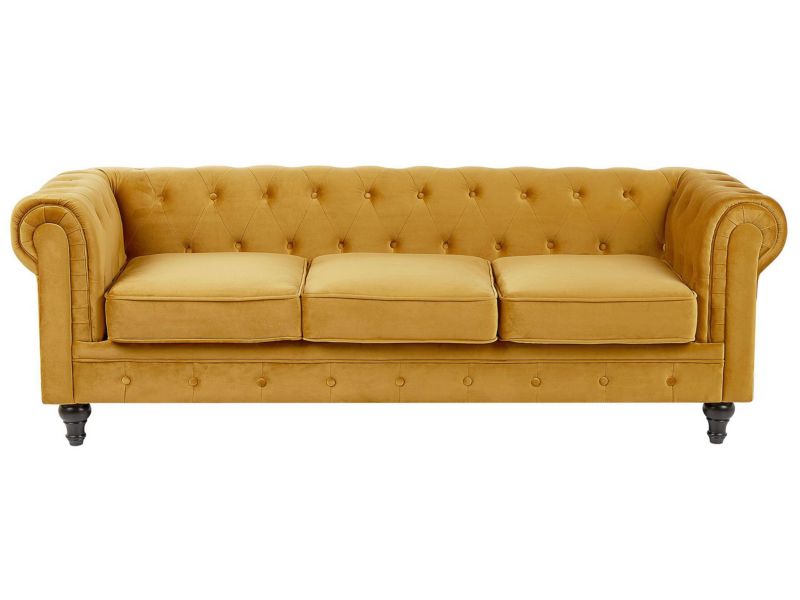 Sofa Chesterfield Welur Musztardowy dla 3 osób 1 szt.