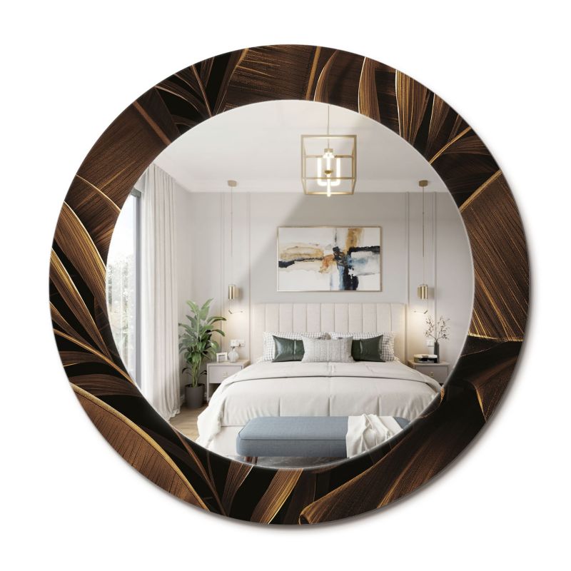 Lustro Dekoracyjne Okrągłe ArtPrintCave 60 cm Brązowe Liście Bananowca w Szklanej Ramie z Nadrukiem do Garderoby 1 szt.