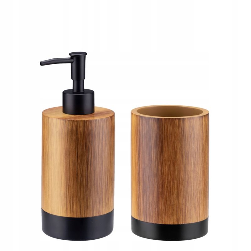 Zestaw Łazienkowy KADAX Dozownik Kubek Wzór Drewna Brązowy 2 szt.