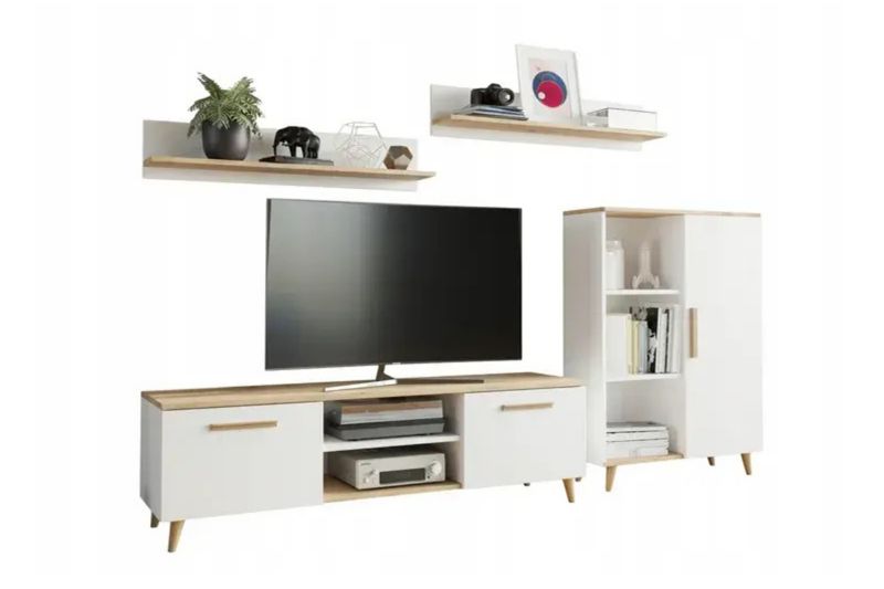 Zestaw mebli do salonu Kobi OSKAR komoda, szafka RTV, półki, styl skandynawski, nogi drewniane - Biały / Dąb Artisan 1 szt.
