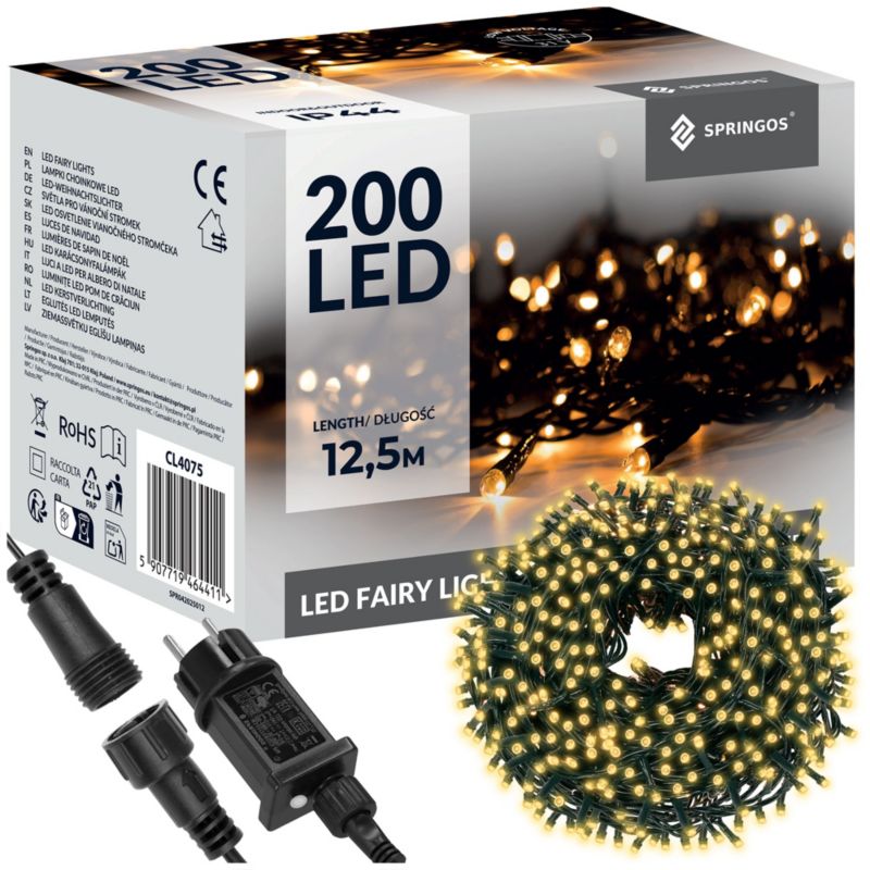 Lampki choinkowe Springos 200 LED 12,5 m biały ciepły zewnętrzne oświetlenie świąteczne 1 szt.