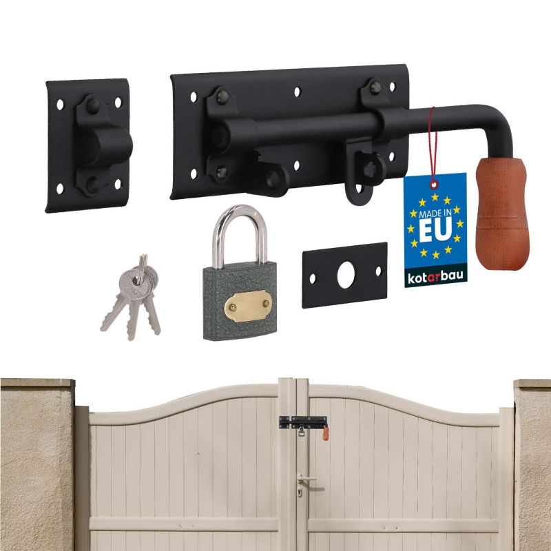 Zasuwa garażowa KOTARBAU rygiel 280 mm czarna do bramy furtki drzwi prawa z kłódką 1 szt.