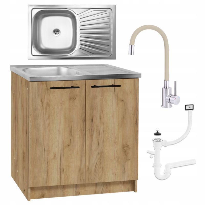 Szafka Kuchenna Stamar Dąb Złoty 800 x 500 + Zlew +Bateria Deante Beż Elastyczna+Syfon 1 szt