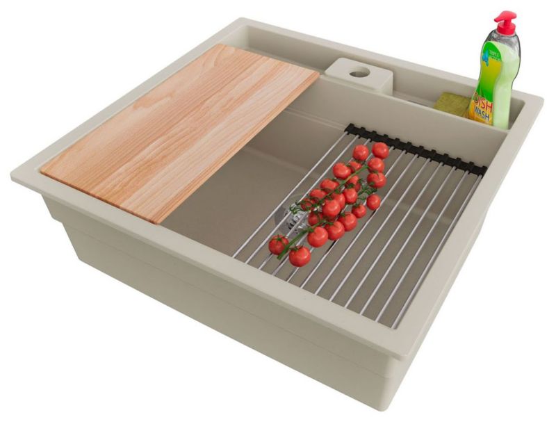 Zlewozmywak Bergen Pocket PRIMAGRAN Nablatowy 56x54cm do szafki od 60cm, Beżowy + Syfon + Akcesoria, , 1 szt.