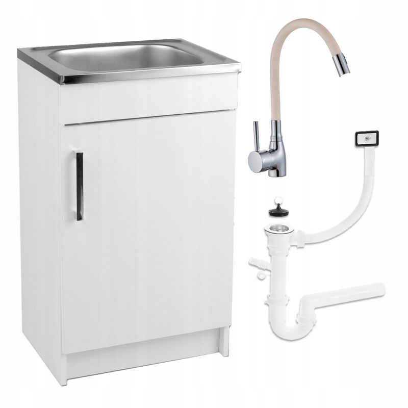 Szafka Kuchenna Stamar Biała + Zlewozmywak 500 x 400 mm + Bateria Beż Elastyczna Syfon 1 szt