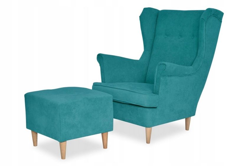 Fotel uszak do salonu z podnóżkiem Family Meble ARI morski turkus 1szt