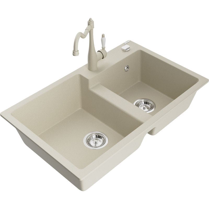 Zlewozmywak granitowy 2-komorowy Mexen Tomas z baterią kuchenną Carla beżowy 6516-69-670700-69