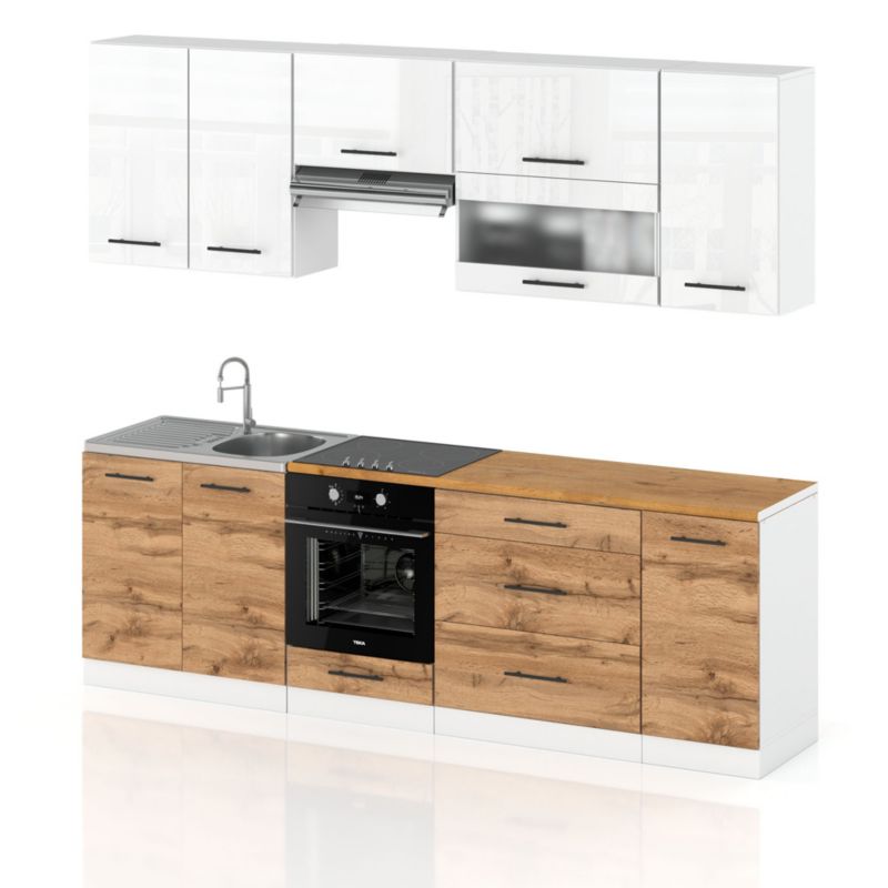 Zestaw Kuchenny Hurtownia-Mebli Z Blatem Kuchnia Marocco 260cm Biały Mat Biały Połysk/Dąb Wotan 260x52x157 cm 1szt.