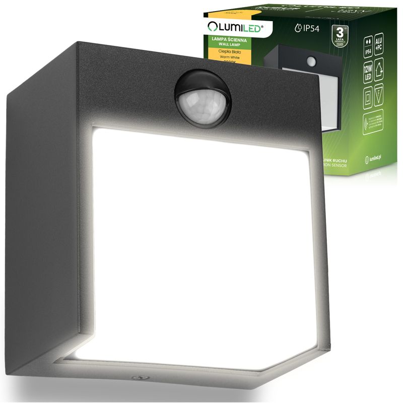 Lampa Ogrodowa Lumiled Ścienna LED Kinkiet Elewacyjny Zewnętrzny PIR IP54 12W 3000K 1 szt.