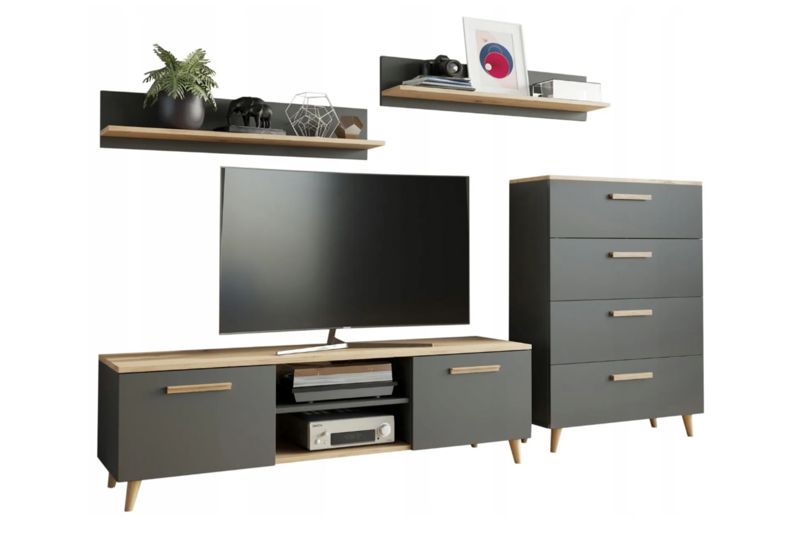 Zestaw mebli do salonu Kobi FREYA komoda, szafka RTV, półki, styl skandynawski, nogi drewniane - Antracyt / Dąb Artisan 1 szt.