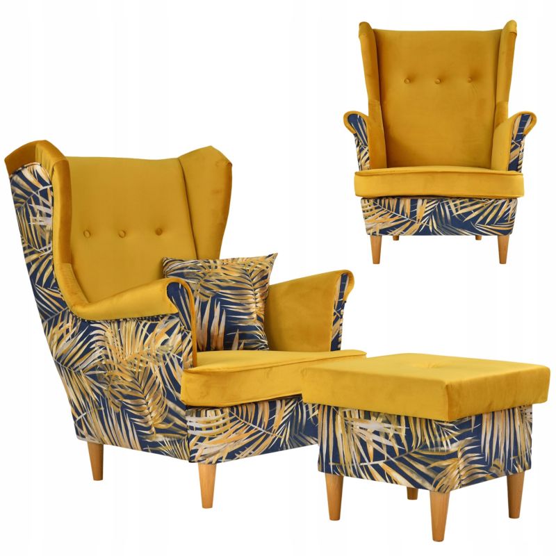 Fotel uszak do salonu z podnóżkiem Family Meble Ari Print Duo liście 1szt