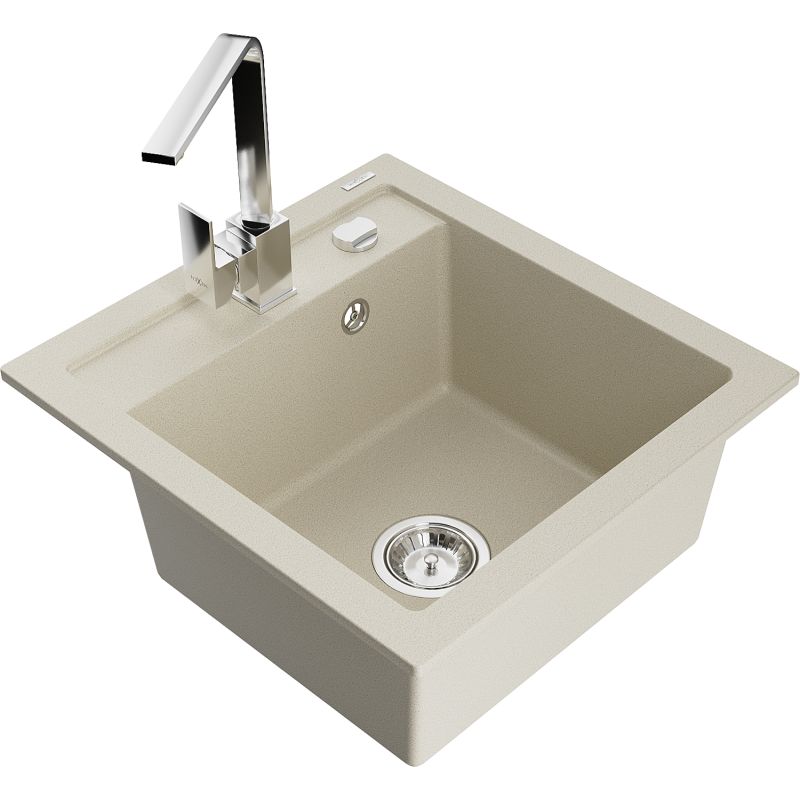 Zlewozmywak granitowy 1-komorowy Mexen Vito z baterią kuchenną Rita beżowy 6503-69-670300-00