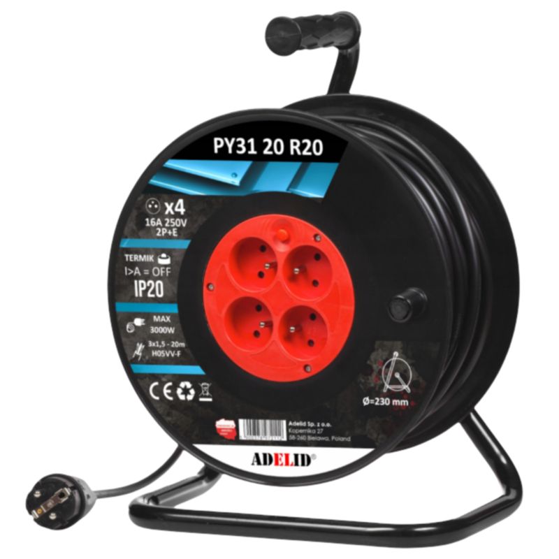 Przedłużacz Bębnowy Adelid 20M H05VV-F 3X1,5 IP20 Niezawodny 1 Szt.