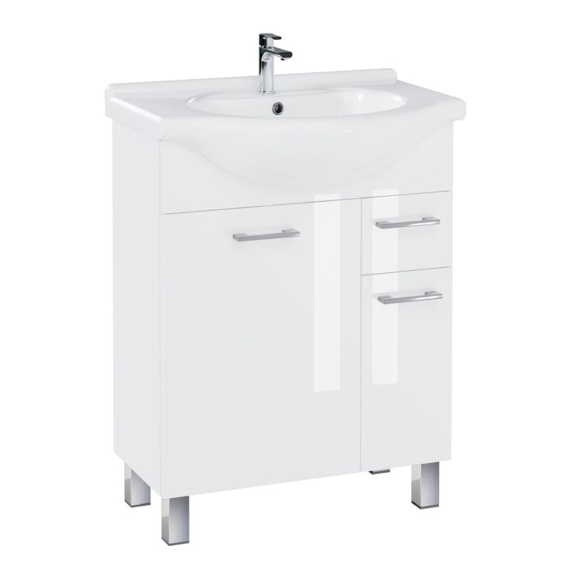 Szafka łazienkowa z umywalką ceramiczną MyFurni, 65 cm, biała połysk, stojąca, 1 kpl.