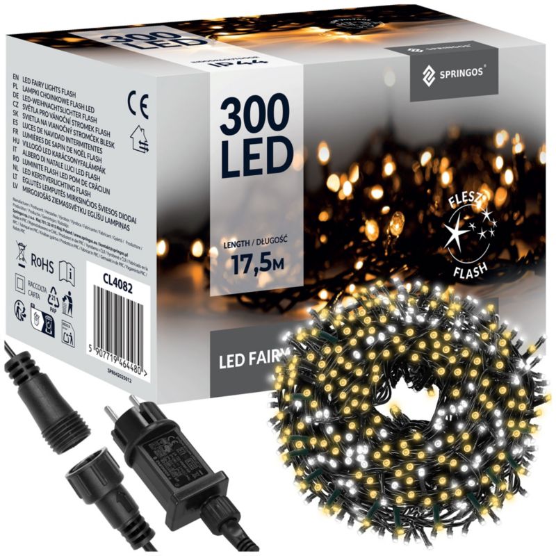 Lampki choinkowe Springos 300 LED 15 m ciepły biały +zimny biały flash zewnętrzne oświetlenie świąteczne 1 szt.