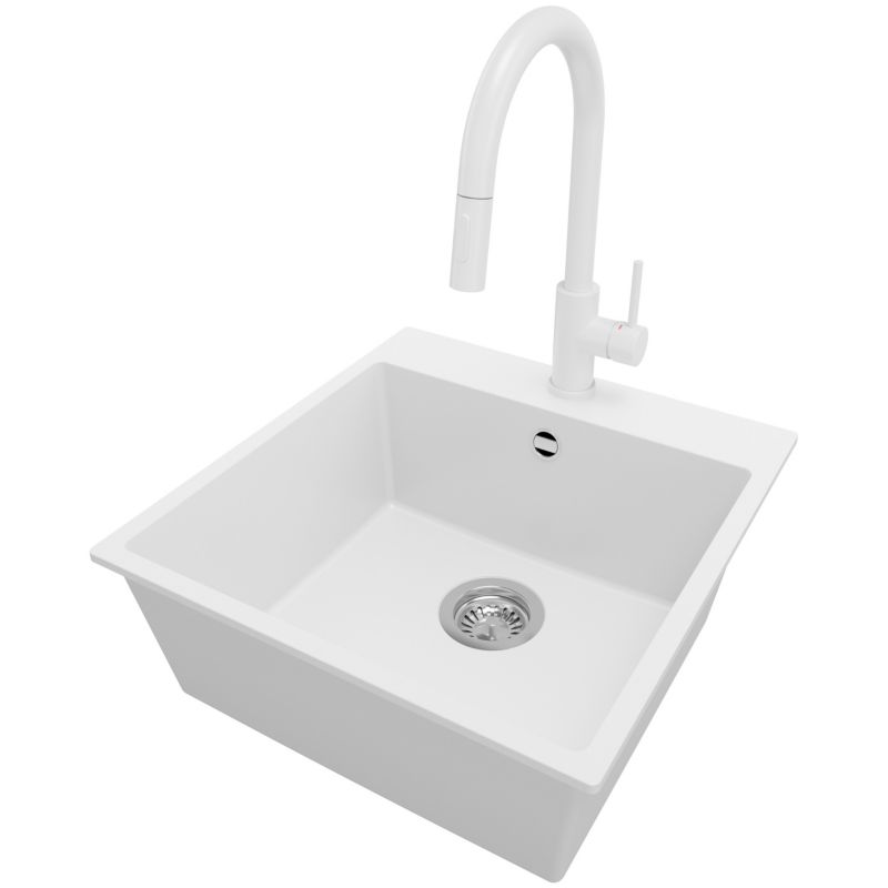 Zlewozmywak Granitowy Ryga PRIMAGRAN Nablatowy 48x50cm do szafki od 50cm, Biały + Bateria 40x20cm + Syfon, S235, 1 szt.