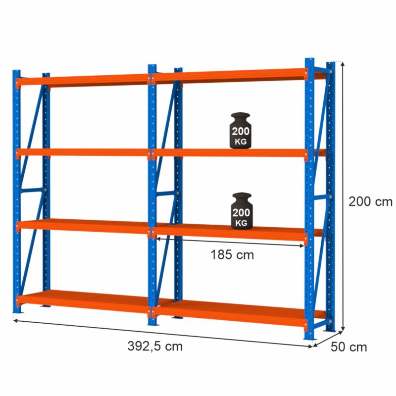 Regał Mega-M Fortis Light magazynowy metalowy 4-półkowy zestaw 2 moduły 200x392,5x50 cm 2szt.