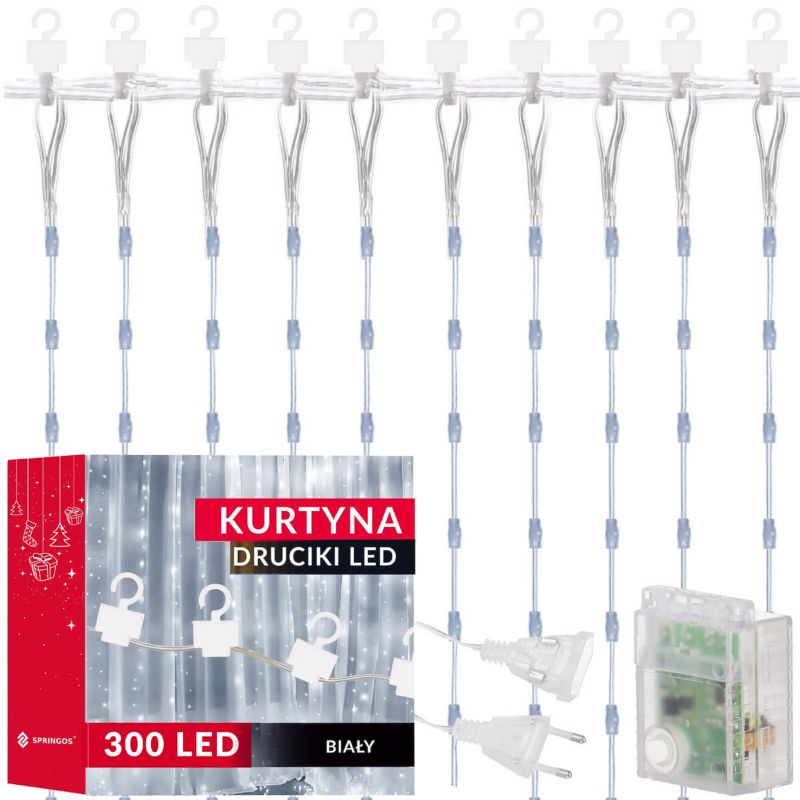 Kurtyna świetlna Springos 300 led lampki choinkowe wewnętrzno-zewnętrzne sople biały zimny + flash 1 szt.