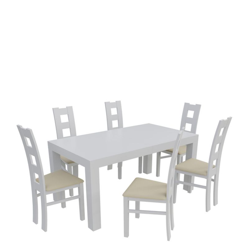 Zestaw RO46 MIRJAN 24 Stół rozkładany SF-25 90x160/210 + 6 krzeseł K42 biały + ekoskóra ecru 1 kpl.