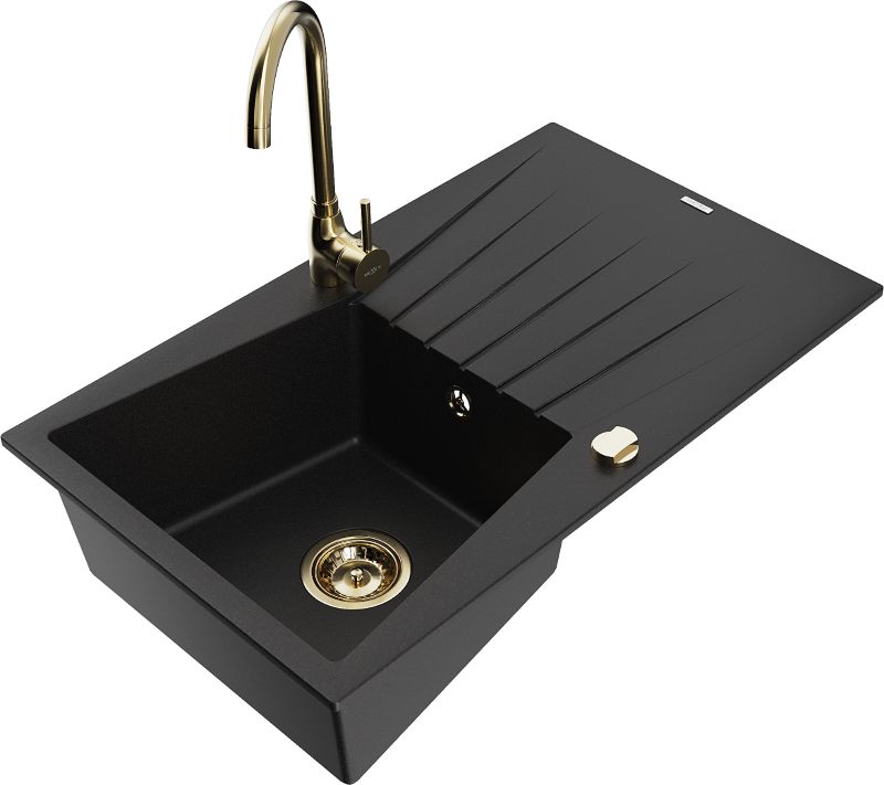 Zlewozmywak granitowy Mexen Cesar 1-komorowy z ociekaczem i baterią kuchenną Telma czarny - 6514-77-670200-00 1 szt.