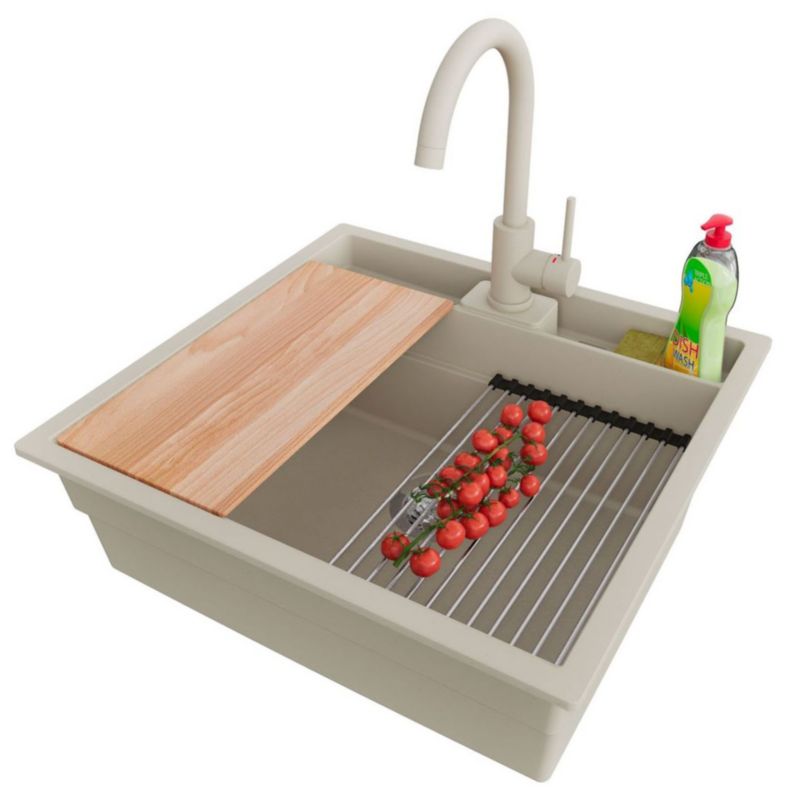 Zlewozmywak Granitowy Bergen Pocket PRIMAGRAN Nablatowy 56x54cm do szafki od 60cm, Beżowy + Bateria + Syfon + Akcesoria, , 1 szt.