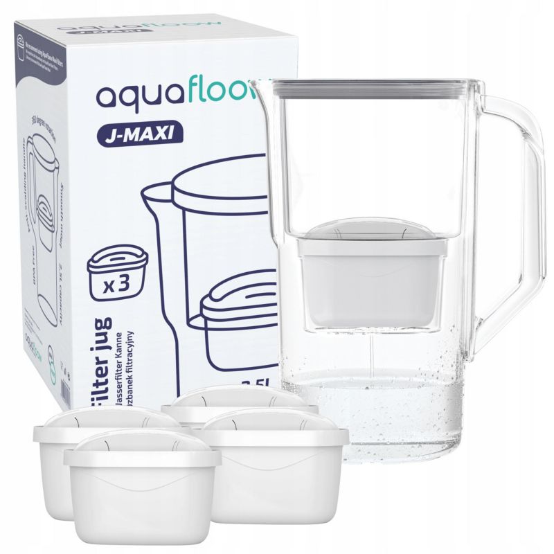 Dzbanek filtrujący wodę, AquaFloow J-MAXI, plastikowy, 2.5l, szary + 5x filtr wody AquaFloow Maxi, zestaw, 6szt