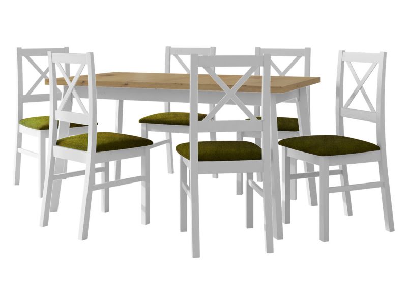 Zestaw DR11 MIRJAN 24 Stół rozkładany Oslo V 80x140/180 + 6 krzeseł Nilo 10 dąb artisan + biały + ciemnozielona tapicerka 1 kpl.